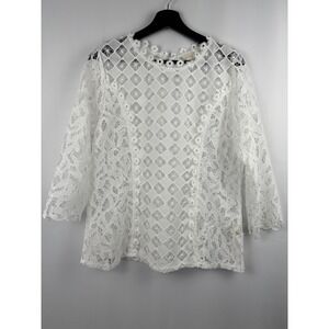Adiva White Lace 3/4 Sleeve‎ Blouse Top Floral Crochet Women's Size L